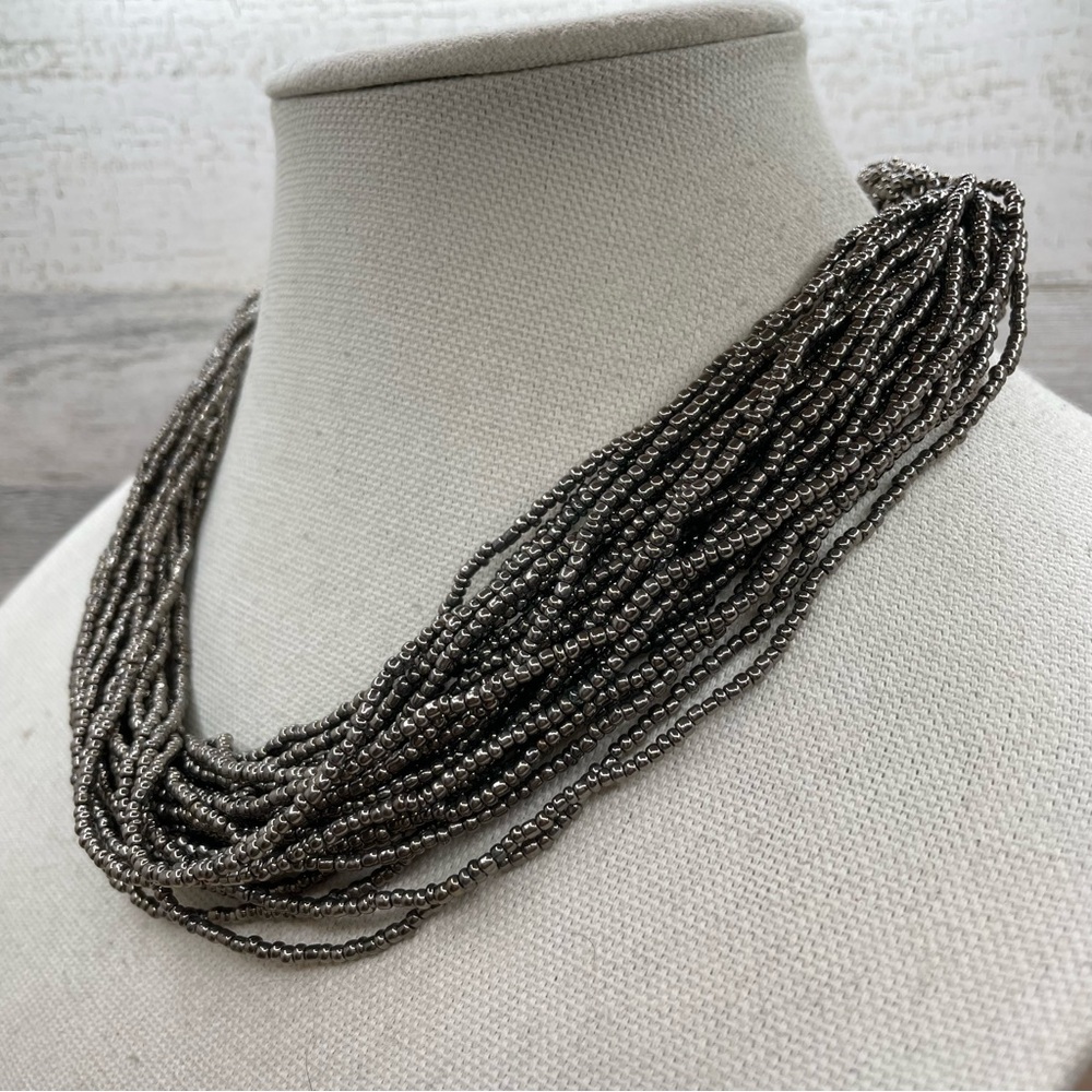 Beautiful Unsigned Silver Seed Bead Multi Layer Statement Necklace